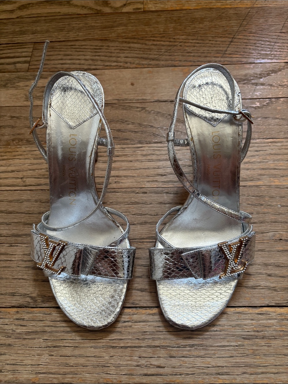 Louis Vuitton Silver Metallic Snake-Embossed Ankle-Strap Heels